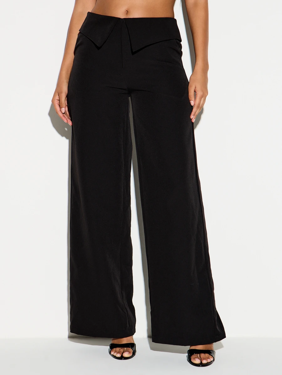 KIZN High Rise Wide Leg Dress Pants With Folded Waistband Detail Full Length Tailored Palazzo Trousers For Evening And Office Wear - Black - View 1