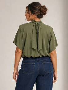 ELLERISSA Plus Size Army Green High Neck Short Sleeve Bubble Hem Top - Army Green - View 2