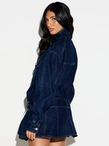 KIZN Oversized Dark Wash Denim Mini Dress With High Neck Button Front Belted Waist And Pleated Flare Skirt - Dark Wash - View 2
