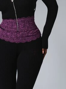 BABYPHAT Ribbed Knit High Rise Flared Pants With Purple Lace Contrast Waistband Detail Full Length Flare Leg - Black - View 3