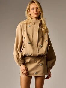 AiiRZ Oversized Balloon Sleeve Stand Collar Jacket With Scattered Crystal Rhinestone Floral Embellishments Elegant Evening Outerwear - Khaki - View 1