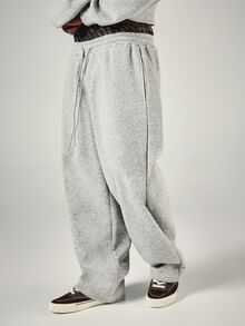 SUMWON Wide Leg Fleece Sweatpants With Drawstring Waist Patch Pockets And Brand Logo Back Print Casual Lounge Streetwear - Grey - View 4