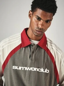 SUMWON Club Color Block långärmad rugby polotröja med kontrastkrage, bröstlogotryck och boxig croppad passform - Multifärgad - Visa 5