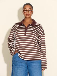 FASHION SZN PLUS SIZE STRIPED SOFT RIN RUGBY COLLAR TOP - Multicolor - View 1