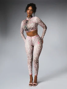 BABYPHAT Deer Fawn Print High Waist Leggings With Pink Logo Detail And Contrast Stitching Trim - Brown - View 4