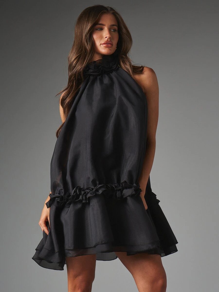 MISSGUIDED Halter Neck Mini Dress With Ruffle Hem And Floral Neck Detail Flowy Chiffon Shift Silhouette Open Back Tie Closure Evening Party Style - Black - View 1