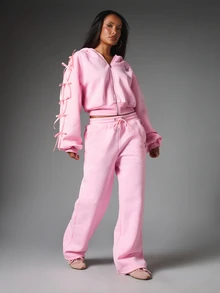 Missguided x Playboy Cropped Full-Zip Sweatshirt With Rhinestone Logo Satin Ribbon Bow Sleeve Detail Oversized Casual Streetwear - Pink - View 3
