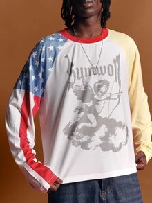 SUMWON Graphic Angel Print Long Sleeve Oversized Raglan Tee With American Flag Sleeve And Contrast Red Ringer Neckline - Multicolor - View 5