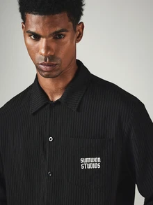 SUMWON Ribbed Knit Button-Front Overshirt With Spread Collar Chest Logo Embroidery And Long Sleeves - Black - View 6