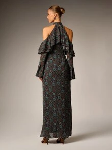 AiiRZ Halter Neck Dress With Tiered Ruffle Overlay Cold Shoulder Bell Sleeves And Front Slit In Ornate Tile Print - Multicolor - View 2