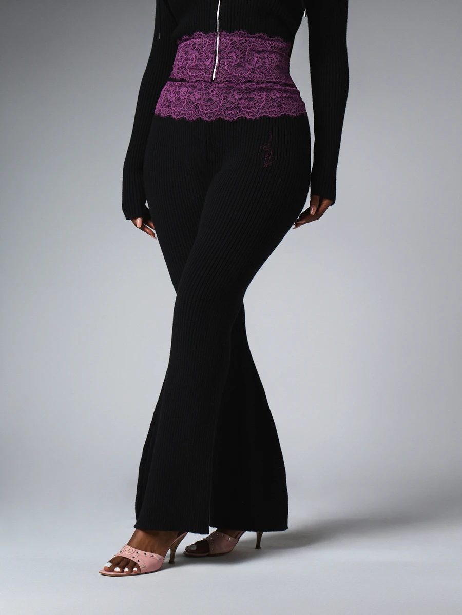 BABYPHAT Ribbed Knit High Rise Flared Pants With Purple Lace Contrast Waistband Detail Full Length Flare Leg - Black - View 1