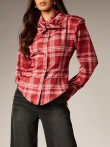 AiiRZ Plaid Button-Front Collared Shirt With Neck Tie Detail Long Sleeve Fitted Silhouette Classic Woven Top - Multicolor - View 5