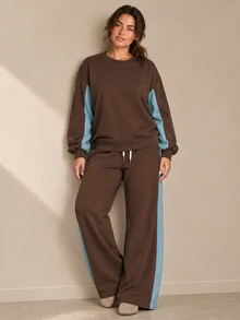 ELLERISSA Plus Size Brown Colour Block Plus Size Sweatshirt & Wide Leg Pants Co-Ord Set - Multicolor - View 4