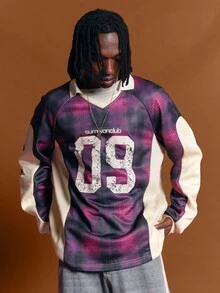 SUMWON Club Plaid Aop Long Sleeve Oversized V-Neck Jersey Top With Contrast Side Panels And Varsity Number Graphic Front Print - Multicolor - View 1