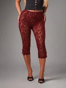 MISSGUIDED Quần legging capri ren hoa, gấu sò, xẻ hông, mỏng xuyên thấu, co giãn ôm sát, dáng lửng, đi chơi tối - Đỏ - Xem 5