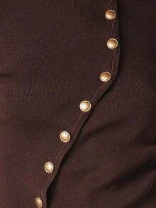 MISSGUIDED Ribbed Knit Long Sleeve Fitted Blouse With Asymmetric Gold Button Trim Boat Neckline Slim Fit Top - Brown - View 3