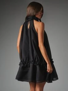 MISSGUIDED Halter Neck Mini Dress With Ruffle Hem And Floral Neck Detail Flowy Chiffon Shift Silhouette Open Back Tie Closure Evening Party Style - Black - View 2