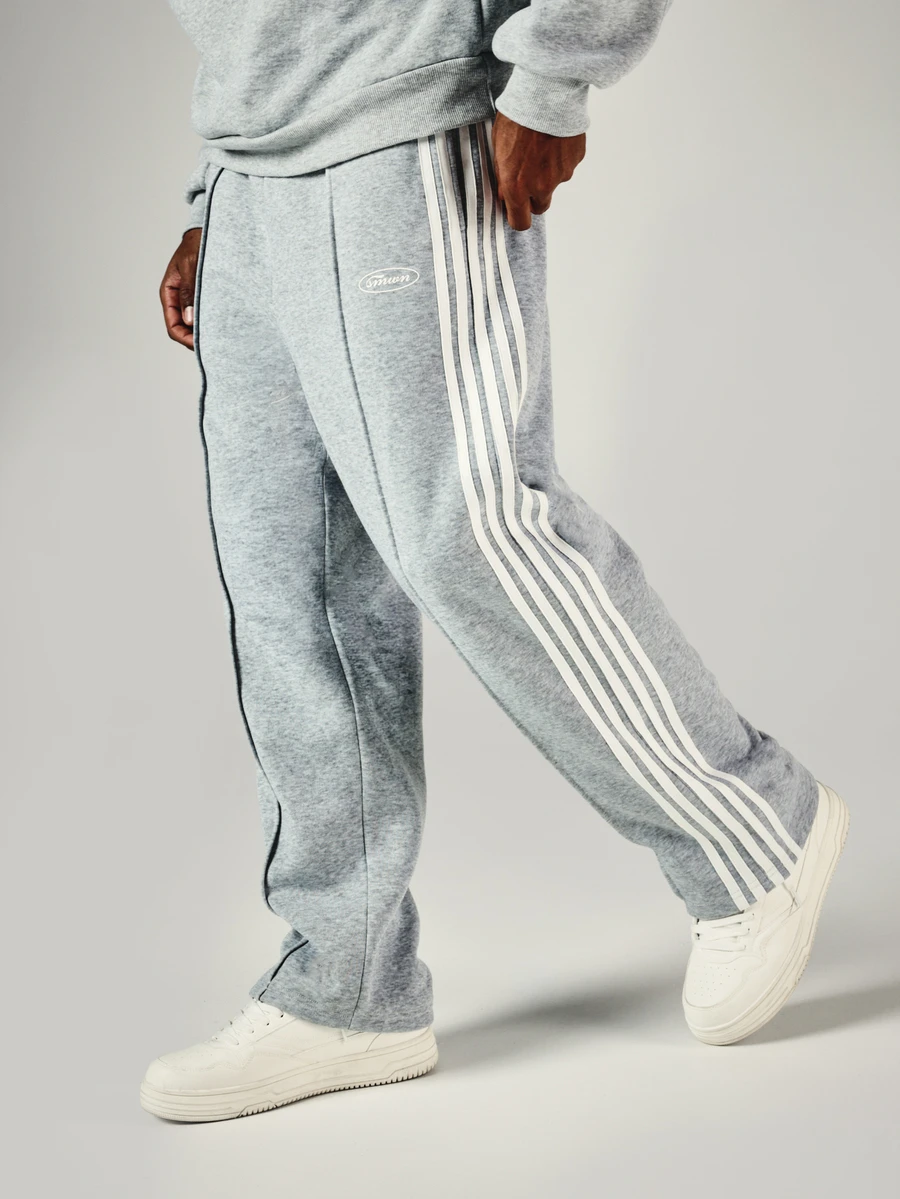 SUMWON Wide Leg Fleece Sweatpants With Triple Side Stripe Detail Front Crease And Oval Logo Print Relaxed Fit Casual Lounge Bottoms - Grey - View 1