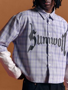 SUMWON Cropped Boxy Plaid Shirt With Gothic Brand Text Print Point Collar Short Sleeve Button Front Streetwear Top - Multicolor - View 5