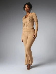 BABYPHAT Velour Flared Pants With Logo Embroidered Waistband Low Rise Full Length Bootcut Silhouette Casual Everyday Style - Brown - View 4