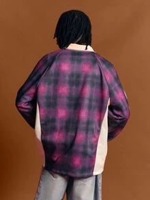 SUMWON Club Plaid Aop Long Sleeve Oversized V-Neck Jersey Top With Contrast Side Panels And Varsity Number Graphic Front Print - Multicolor - View 2