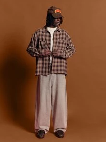 SUMWON Oversized Plaid Flannel Shirt With Large Cherub Angel Graphic And Lifestyle Slogan Print On Back Long Sleeve Collared Button-Front Top - Coffee Brown - View 3