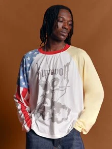 SUMWON Graphic Angel Print Long Sleeve Oversized Raglan Tee With American Flag Sleeve And Contrast Red Ringer Neckline - Multicolor - View 4