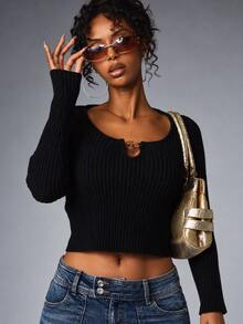 BABYPHAT Ribbed Knit Long Sleeve Crop Top With Scoop Neck And Gold Hardware Cut-Out Detail For Everyday Casual Streetwear Outfits - Black - View 1