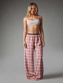 MISSGUIDED Crop Fit Plaid Wide Leg Lounge Pants With Branded Elastic Waistband And Bralette Top Casual Full Length Relaxed Fit Pajama Set - Multicolor - View 1