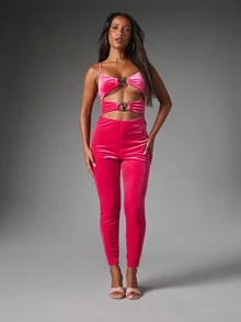 Missguided x Playboy Velvet Full Length Jumpsuit With Bunny Ring Cut-Out Detail Spaghetti Straps Sweetheart Neck Skinny Leg - Hot Pink - View 1