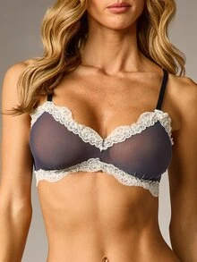 AiiRZ Sheer Mesh Balconette Bra With Ivory Lace Trim And Matching Cheeky Brief Lingerie Set - Navy Blue - View 2
