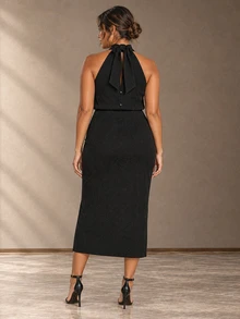 ELLERISSA Plus Size Black Halter Neck Sleeveless Ribbed Midi Dress - Black - View 2