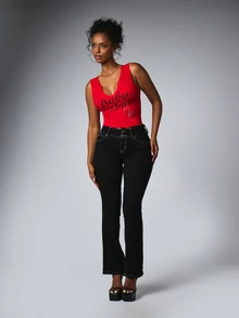 BABYPHAT Script Logo Rhinestone Cat Graphic Crop Tank Top With Deep Notched Neck Sleeveless Fitted Silhouette Y2K Streetwear Style - Red - View 3