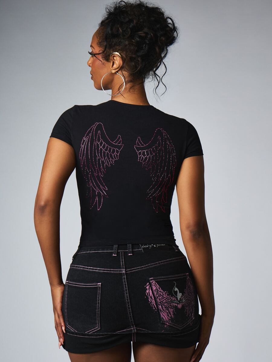 BABYPHAT Rhinestone Angel Wings Cap Sleeve Crew Neck Fitted Slim Fit Tee With Script Logo Detail - Black - View 1