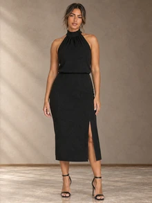 ELLERISSA Plus Size Black Halter Neck Sleeveless Ribbed Midi Dress - Black - View 3