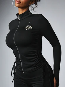 BABYPHAT Christmas Bp Logo Zip-Up High Neck Long Sleeve Ruched Side Tie Detail Fitted Jacket With Rhinestone Cat Back Graphic - Black - View 4