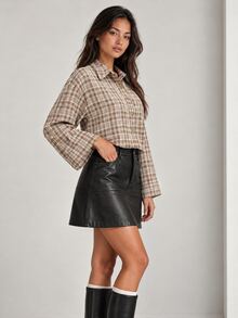 ELLERISSA Multicolor Plaid Collared Long Sleeve Button Front Oversized Cropped Shirt - Multicolor - View 3