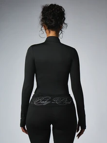 BABYPHAT Rhinestone Script Logo Zip-Up High Neck Long Sleeve Slim Fit Stretch Knit Top With Thumb Holes - Black - View 2