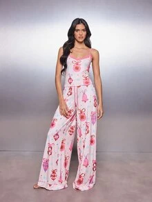 MISSGUIDED Christmas Ornament And Bell Print Cami Top And Wide Leg Pants Pajama Set With Lace Trim Scoop Neck - Multicolor - View 1