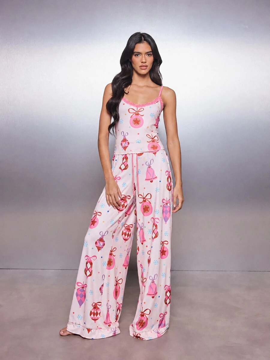 MISSGUIDED Christmas Ornament And Bell Print Cami Top And Wide Leg Pants Pajama Set With Lace Trim Scoop Neck - Multicolor - View 1