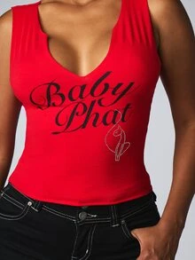 BABYPHAT Script Logo Rhinestone Cat Graphic Crop Tank Top With Deep Notched Neck Sleeveless Fitted Silhouette Y2K Streetwear Style - Red - View 4