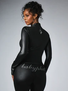 BABYPHAT Script Logo Zip-Up Faux Leather Fitted Long Sleeve High Neck Jacket Top With Silver Hardware - Black - View 2
