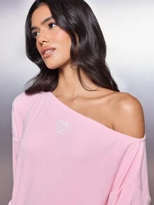MISSGUIDED Off-Shoulder Batwing Long Sleeve Sweatshirt And Wide Leg Casual Pants Co-Ord Lounge Set With Heart Logo Embroidery - Baby Pink - View 2