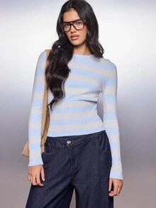 MISSGUIDED كنزة قصيرة مخططة بياقة قارب وأكمام طويلة ضيقة وحافة مضلعة من نسيج محبوك ناعم - متعدد الألوان - مشاهدة 4