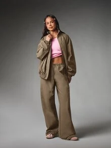 MISSGUIDED Oversized Zip-Up Bomber Jacket With Mock Neck Elastic Cuffs And Hem Balloon Sleeves Casual Streetwear Outerwear - Camel - View 3
