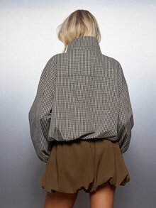 MISSGUIDED Oversized Checked Puffer Jacket With High Funnel Neck Long Balloon Sleeves Elasticated Cuffs And Chest Pocket Fall Transitional Outerwear - Brown - View 5