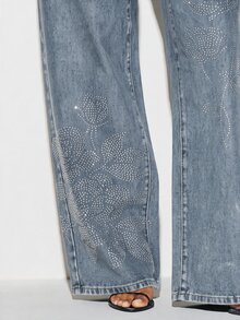KIZN Wide Leg Jeans With Rhinestone Floral Embellishment, High Rise Relaxed Fit Denim, Crystal Studded Rose Design, Five Pocket Style - Blue - View 5