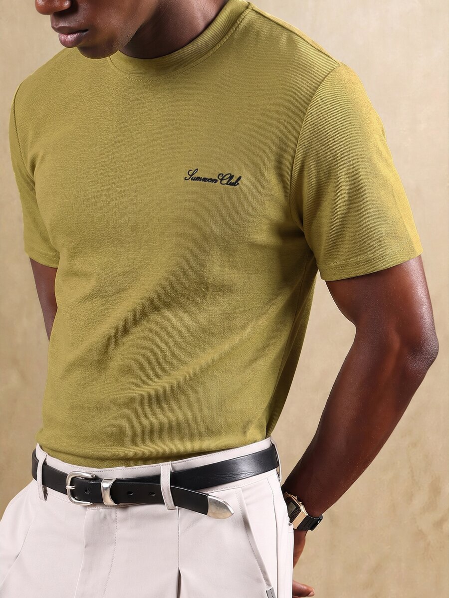 SUMWON Summon Club Script Embroidered Crew Neck Short Sleeve Ribbed Texture Casual Everyday T-Shirt - Army Green - View 1