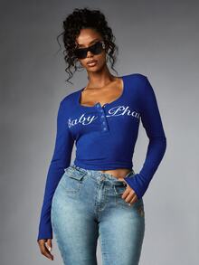 BABYPHAT Logo Script Print Long Sleeve Ribbed Henley Bodysuit With Deep Scoop Neckline And Snap Button Detail - Blue - View 5
