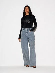 KIZN Wide Leg Jeans With Rhinestone Floral Embellishment, High Rise Relaxed Fit Denim, Crystal Studded Rose Design, Five Pocket Style - Blue - View 2
